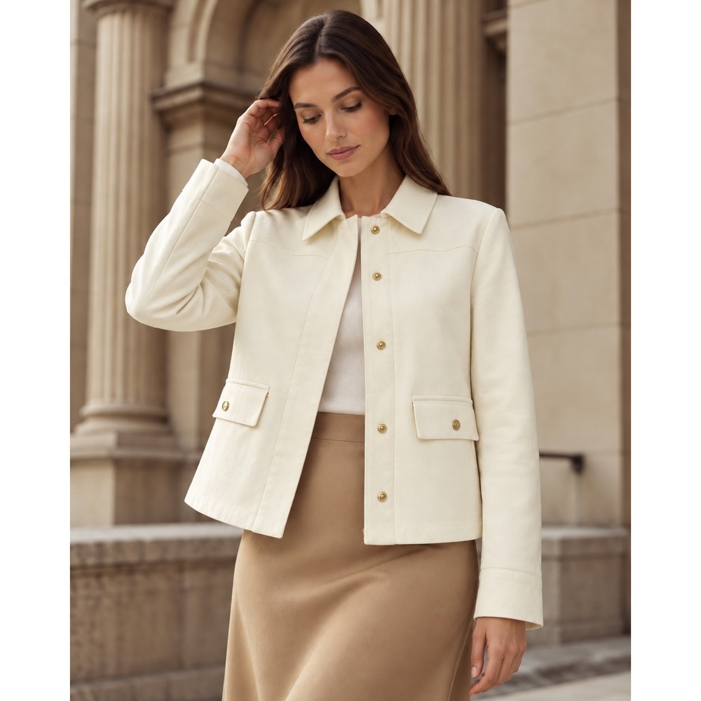 Zara Basic Women Ivory Cream Cotton Blend Utility Jacket Gold Hardware Size M